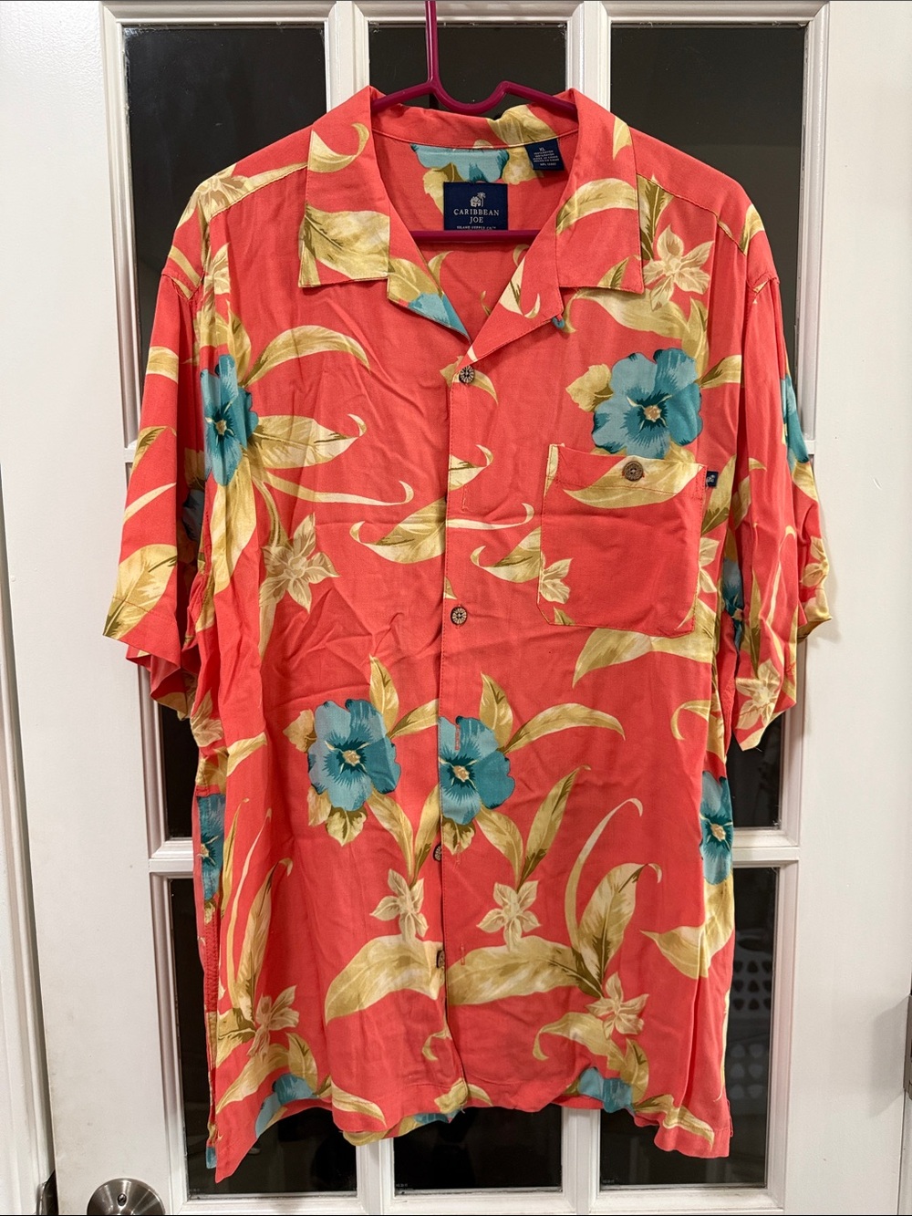 Caribbean Joe Coral Hawaiian Button-Down Shirt with Teal Floral